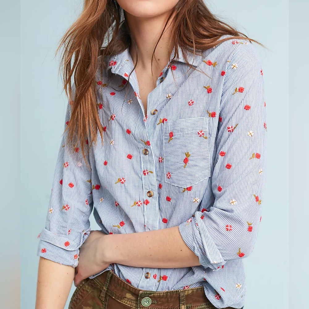 Anthropologie Blue Striped Embroidered Button-Up Blouse